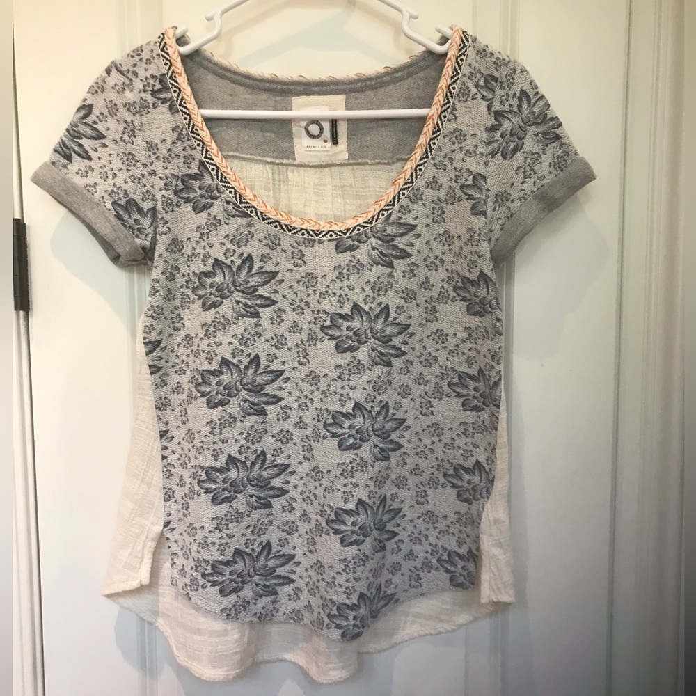 Anthropologie Bohemian Tapestry Floral Top Blue and Ivory + Gold Braided Trim